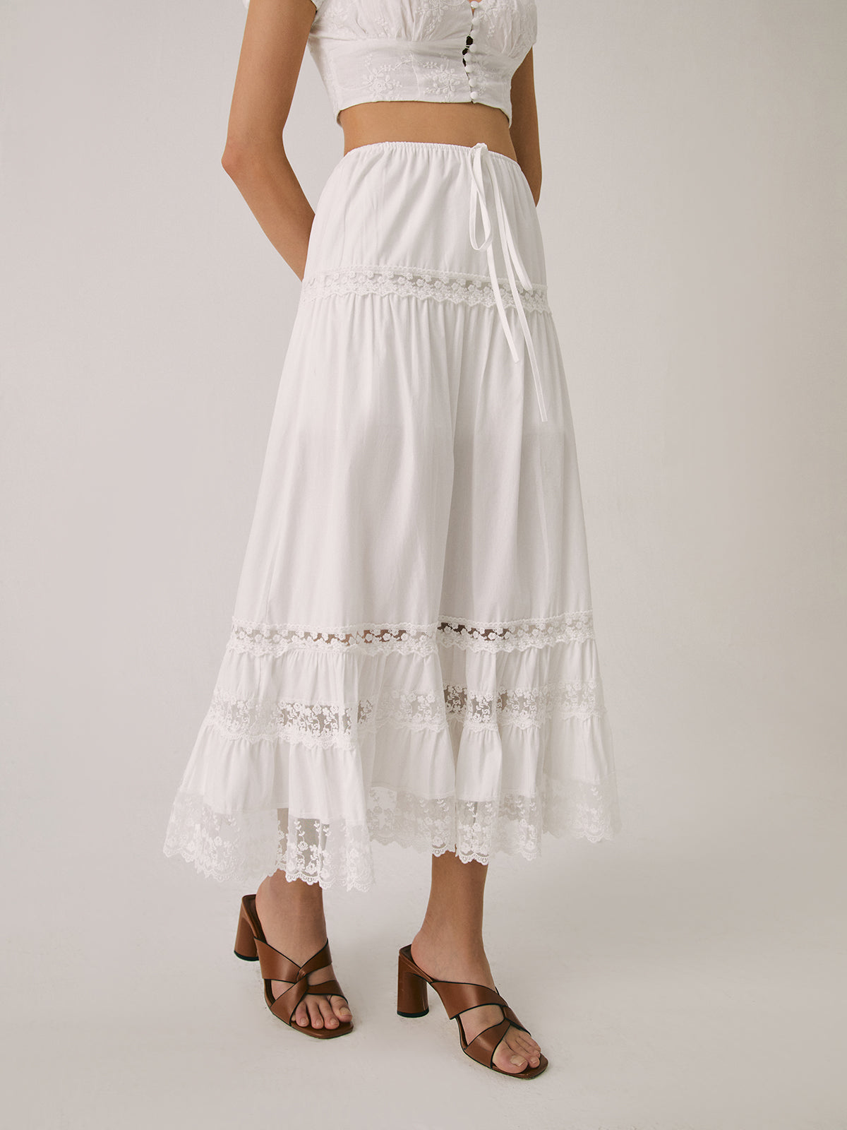 Solid Cotton Drawstring Elegant Maxi Skirt